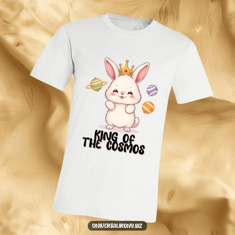 Funny t-shirt featuring a fluffy bunny wearing a crown, comically juggling three spinning planets with great determination and flair.