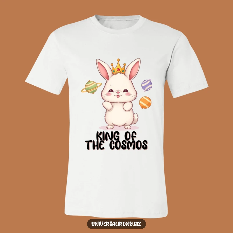 Funny Bunny Planet Juggler Tee: Hilarious Crowned Rabbit T-Shirt for Cosmic Comedy Fans