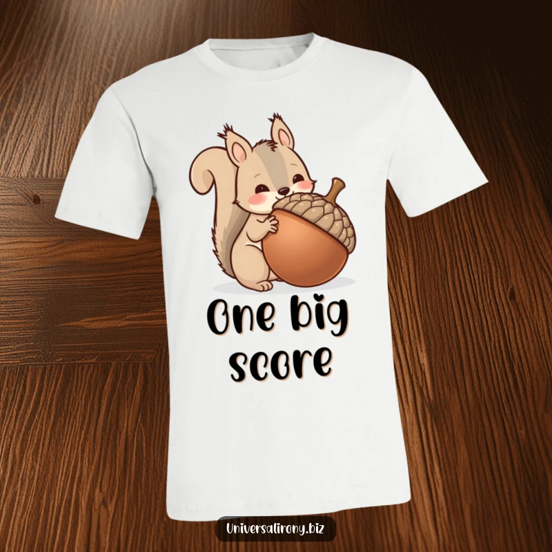 Funny kawaii squirrel attempting to hoard a single, giant acorn, printed on a soft t-shirt for collectors.