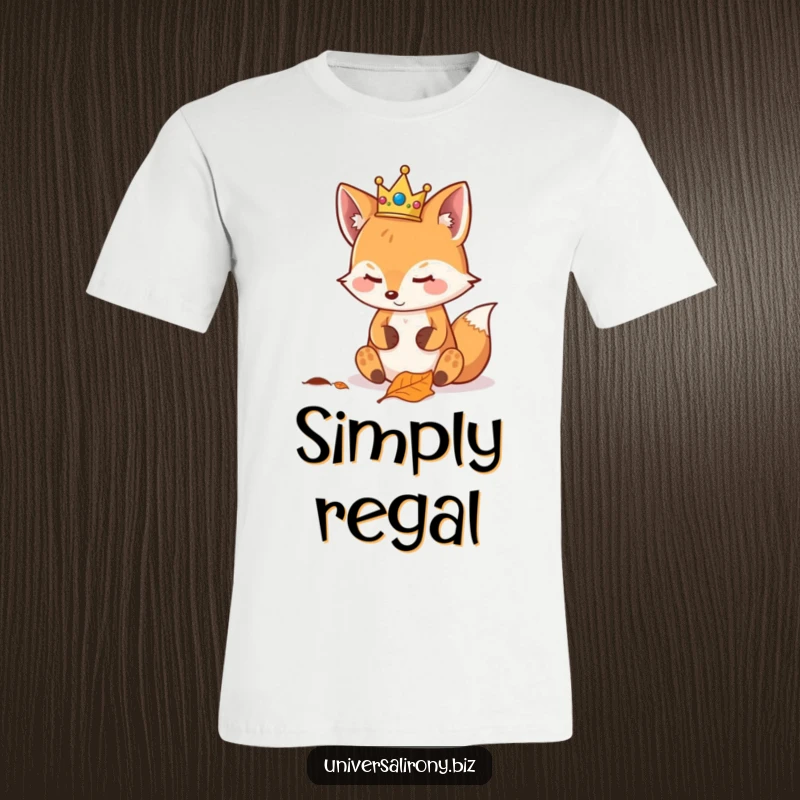Funny kawaii fox with a small crown, smugly observing a fallen leaf, printed on a soft t-shirt for rulers.