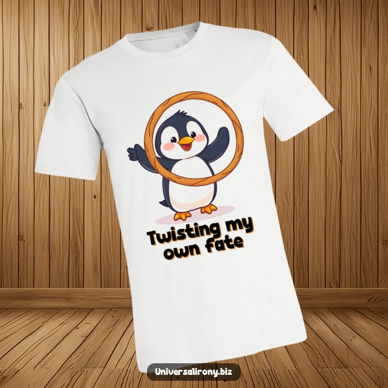 Funny t-shirt with a clumsy penguin comically attempting to hula hoop with a giant pretzel, looking endearingly awkward.