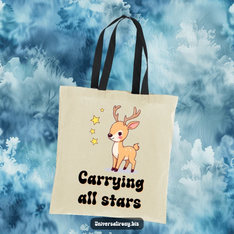 Funny playful deer juggling small twinkling stars on a stylish tote bag, perfect for carrying dreams.
