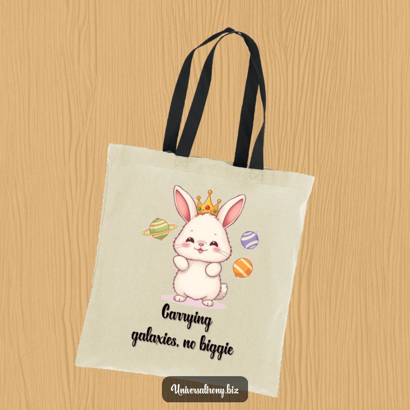 Funny tote bag featuring a crowned bunny comically juggling three spinning planets, showcasing a love for space and humor.