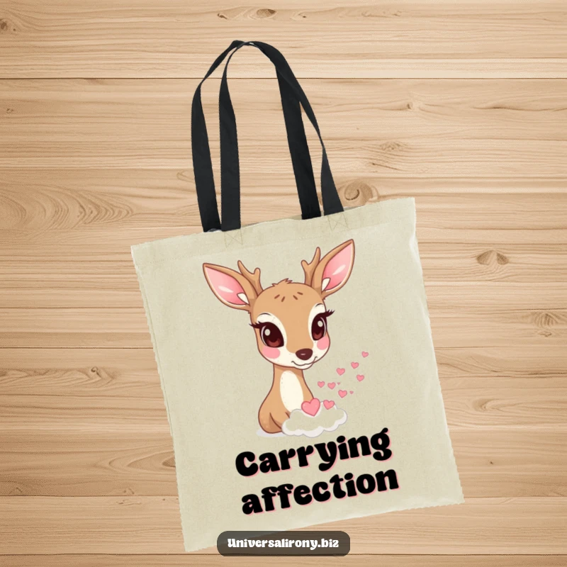 Funny deer with wide eyes watching a tiny cloud rain miniature hearts on a stylish tote bag.