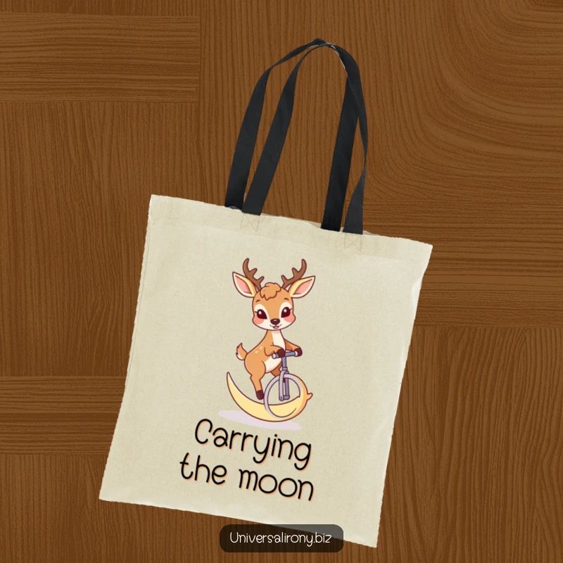Funny deer with a mischievous grin riding a unicycle made of a crescent moon on a tote bag.