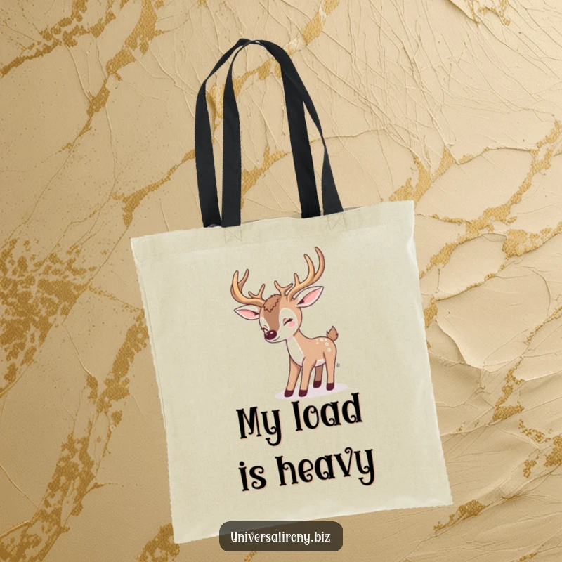 Funny kawaii deer tripping over its own giant antlers, on a durable tote bag, perfect for carrying everyday treasures.