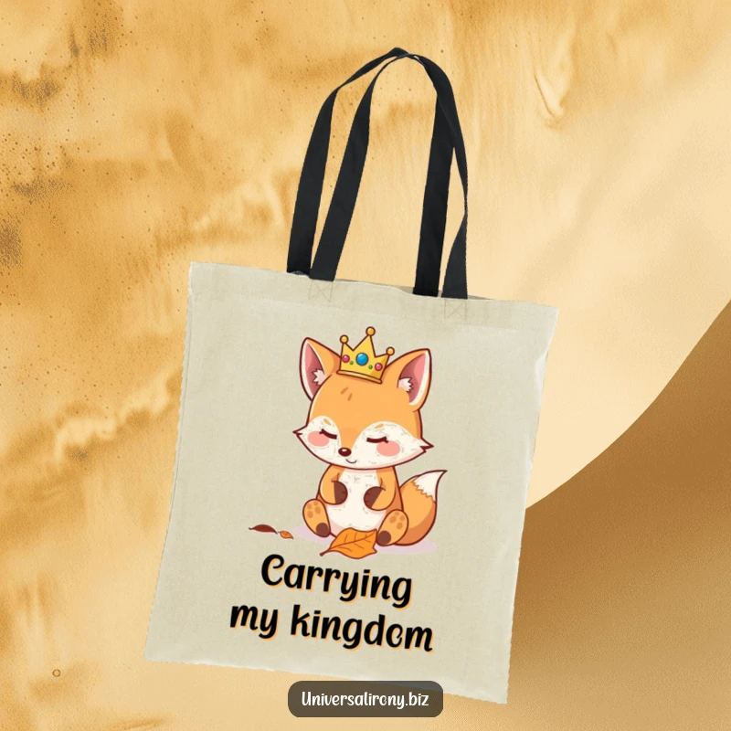 Funny kawaii fox with a tiny crown, smugly looking at a fallen leaf, on a durable tote bag for royal errands.
