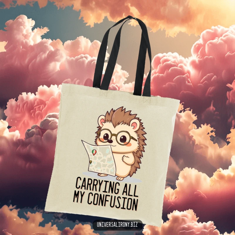 Funny kawaii hedgehog wearing spectacles, looking puzzled by a map, on a durable tote bag for everyday adventures.