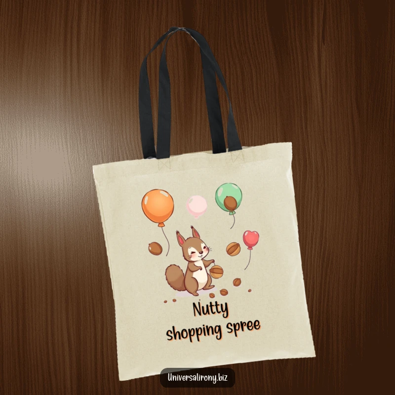 Funny tote bag featuring a playful squirrel comically chasing nuts floating away on balloons, symbolizing ambition and fun.