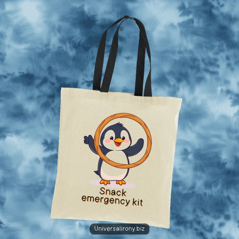 Funny tote bag featuring a clumsy penguin comically attempting to hula hoop with a giant pretzel, symbolizing quirky fun.